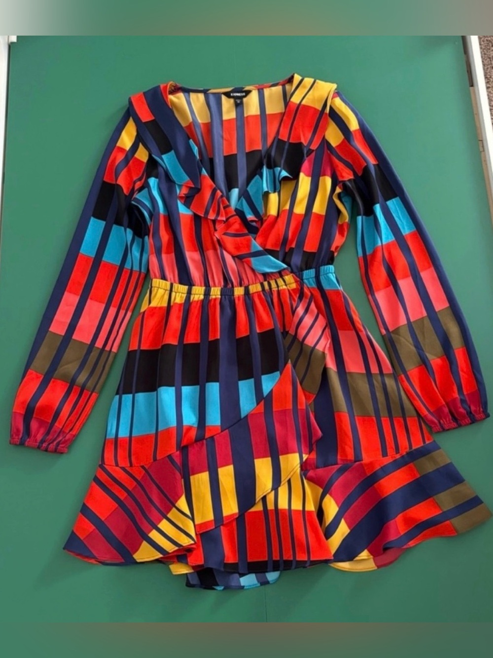 Express Size XS Multicolor Striped Faux Wrap-Style Dress
